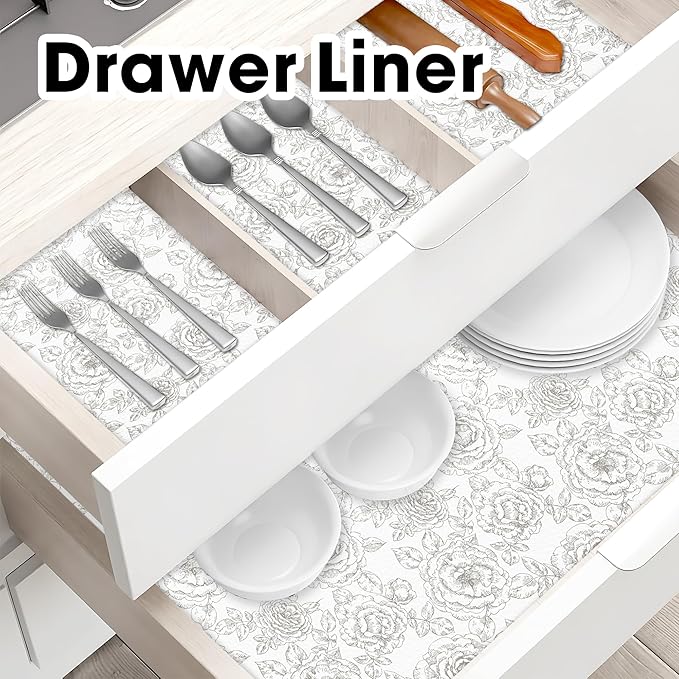 GOPAS Drawer and Shelf Liner for Kitchen Cabinets Non-Adhesive Cabinet Liners for Shelves Strong Grip Non Slip Waterproof Cupboard Liner for Dresser Refrigerator, Bathroom, Flower,17.5IN X 10FT