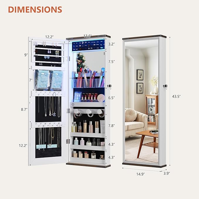 43.5" Over the Door Jewelry Organizer, Mirror with Storage and Lockable, Full Length Mirror Cabinet with Hanging Holder & Built-in Lights Makeup Mirror, Women/Girls (Elegant White)