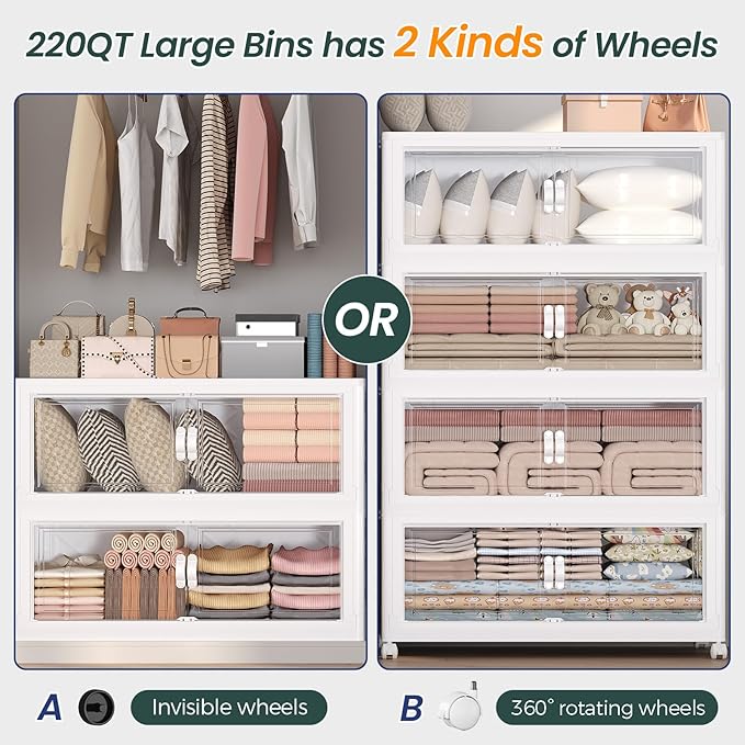 Atrasee 1100QT Extra Large Stackable Storage Bins with Lid, 275Gal Collapsible Closet Organizer Box with Wheels, Folding Plastic Storage Cabinet with Doors for Home Bedroom Office Dorm, 5Pack White