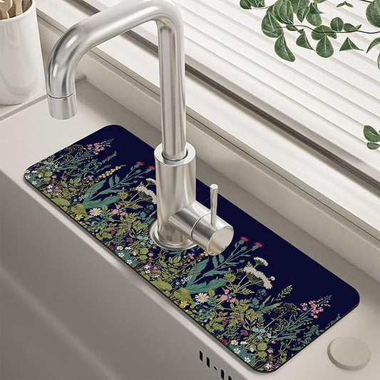 Kitchen Sink Splash Guard Faucet Mat Super Absorbent Fast Drying Mat Guard Behind Faucet Drip Catcher for Kitchen Bathroom (Colorful Herbs and Wild Flowers, 23.5"X5.5")