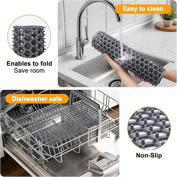 Myirxcv Silicone Sink Mat, 28.62"x 14.76" Heat-resistant Sink Protectors, Drying Mats for Kitchen of Bottom Farmhouse Porcelain Stainless Steel, Kitchen Accessory, Right & Left Drain（Grey）