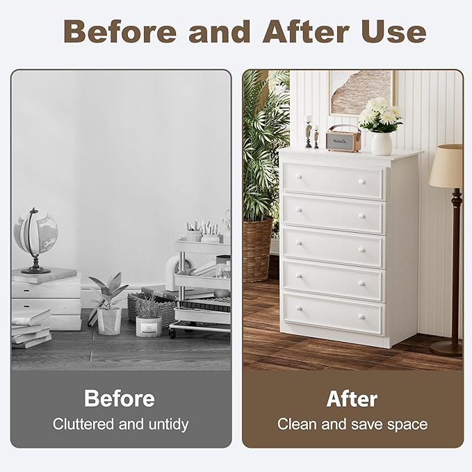 5 Drawer Dresser for Bedroom, Tall Wooden Chest of Drawers with Spacious Top, Modern Storage Organizer Cabinet for Closet, Nursery, Living Room, 15.7" D x 31.5" W x 45.7" H (White)