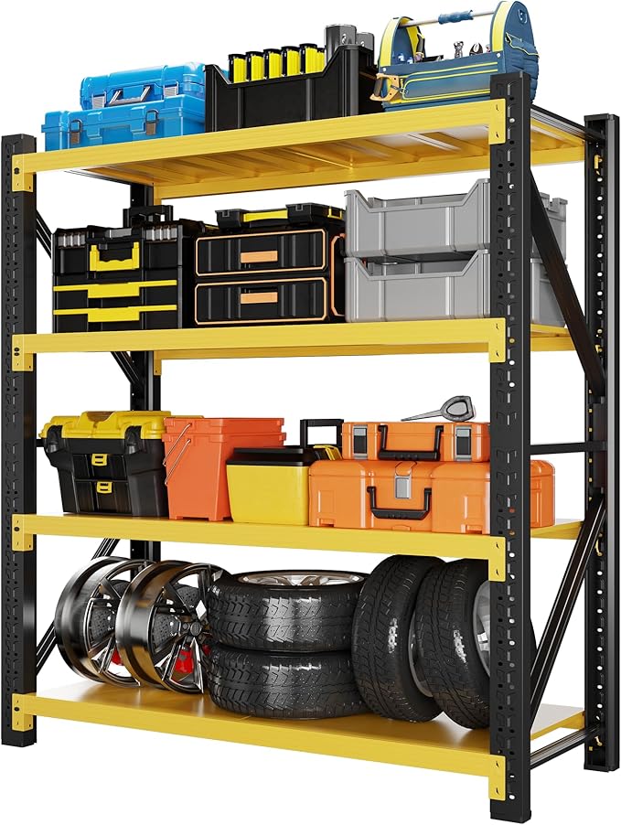 59" W Garage Shelving 3000LBS Garage Storage Shelves 4-Tier Metal Adjustable Shelf Unit Storage Rack for Basement Supermarket Warehouse 59" W x 24" D x 78" H Yellow