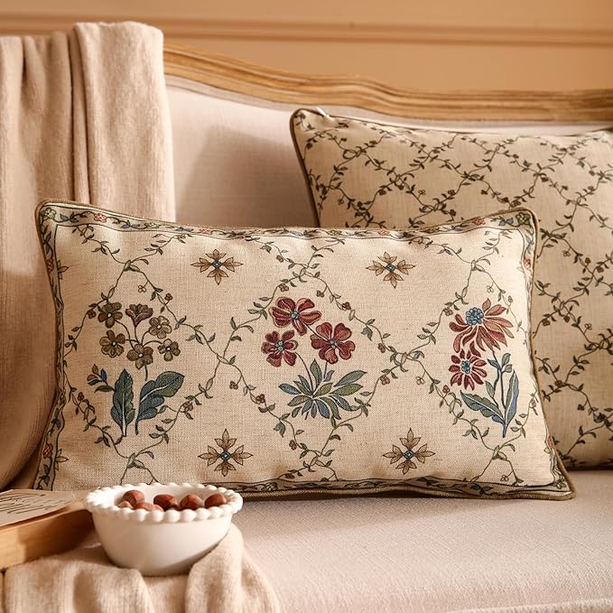 patdrea Designer Throw Pillow Covers,Rectangle Vintage Light Brown Linen with Floral Pattern Pillow Cover,Decorative Lumbar Pillowcases Cushion for Bed Living Room Outdoor Car,12"x20"