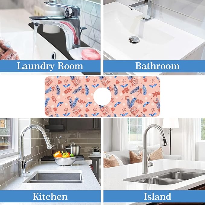 Faucet Mat Splash Guard Christmas Gingerbread Man Feather Bell, Soft Diatom Mud Material, Strong Water Absorption, Non-slip,Easy to Clean for Bathroom, Kitchen 15"X5.5"