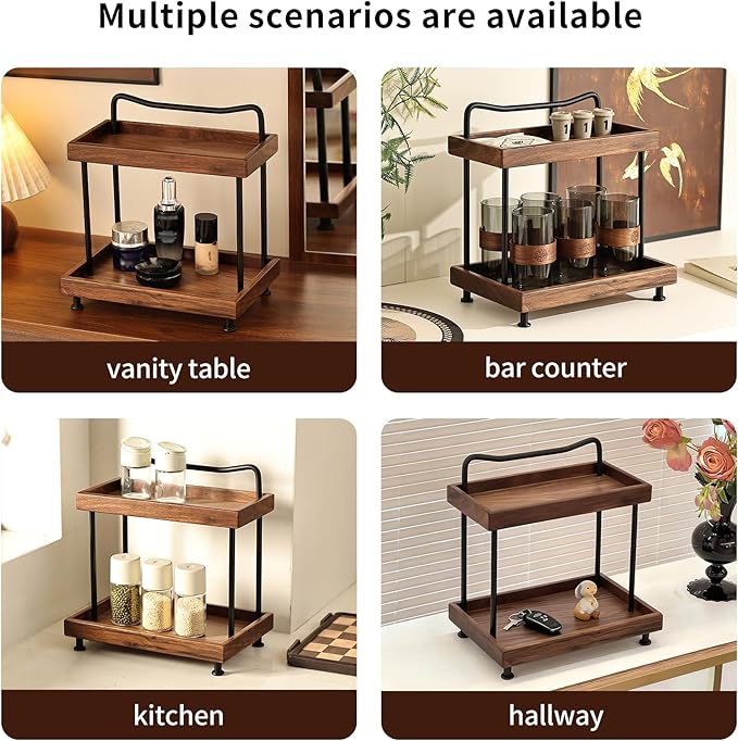 2-Tier Bathroom Counter Organizer,Wood Countertop Organizer for Storage,Makeup Organizer Cosmetics Storage Display Rack,Counter Shelf for Bathroom Organization(Wood & Black)
