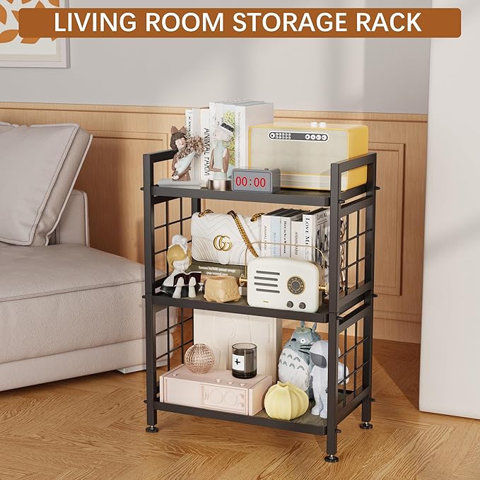 GIOTORENT 3-Tier Pantry Shelves with Wooden Boards, Heavy Duty Storage Shelves & Book Shelf, Adjustable Metal Shelving Unit for Kitchen Bathroom Laundry Organizer, Sturdy Rust-Resistant, Black