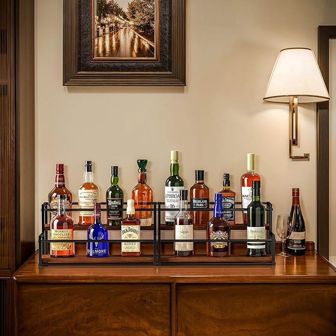 THYGIFTREE Liquor Bottle Display Shelf 2 Tier Rack Holder Bar Shelf Stand for Wine Whiskey Risers Organizer Kitchen Countertop