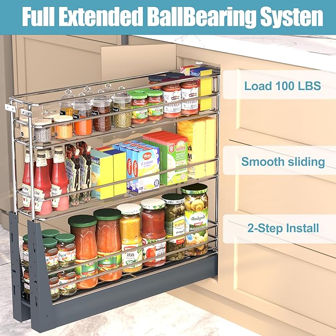 Pull Out Spice Rack for Narrow Cabinet (4⅛" W X 19⅔" D), Heavy Duty 3 Tier narrow PullOut Cabinet Organizer and Slide Out Shelves for inside Base Cabinets, Filler Pantry Storage