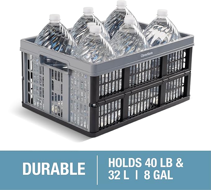 CleverMade Collapsible Utility Crate, Stone, 1PK - 32L (8 Gal) Collapsible Storage Bins, Holds 40lbs Per Bin - Plastic Stackable Grated Wall Utility Containers, CleverCrates Baskets