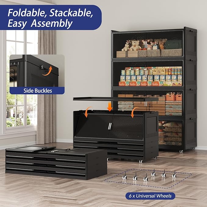 QAVABIN 320GAL Extra Large Storage Bins with Lid, 1280QT Collapsible Organizer with Wheels, Stackable Closet Cabinet with Doors, Folding Storage Containers for Home, Office, Kitchen, 4Pack Black