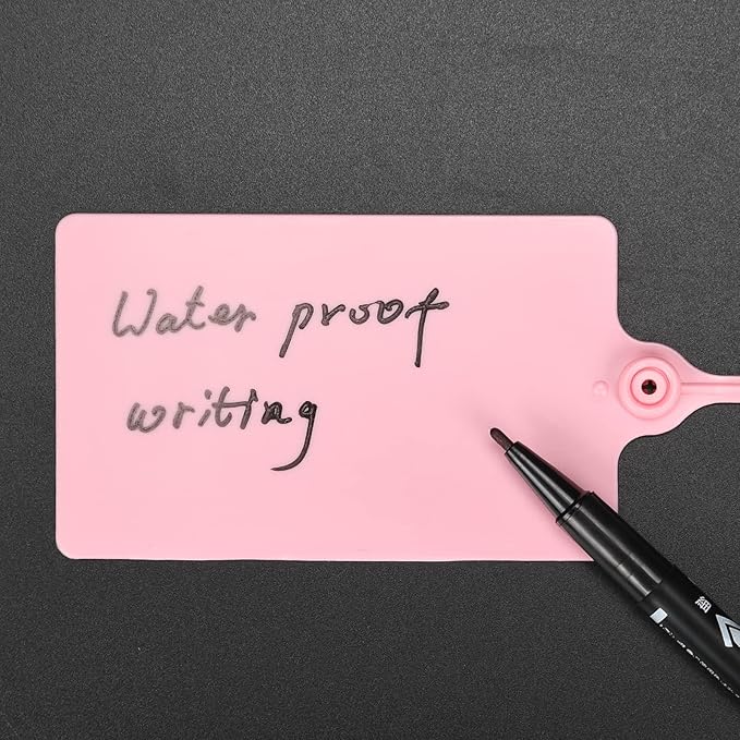 LeadSeals 100 Plastic Shipping Tags - Waterproof, Writable, Hanging Tags with One Pink Marker Pen