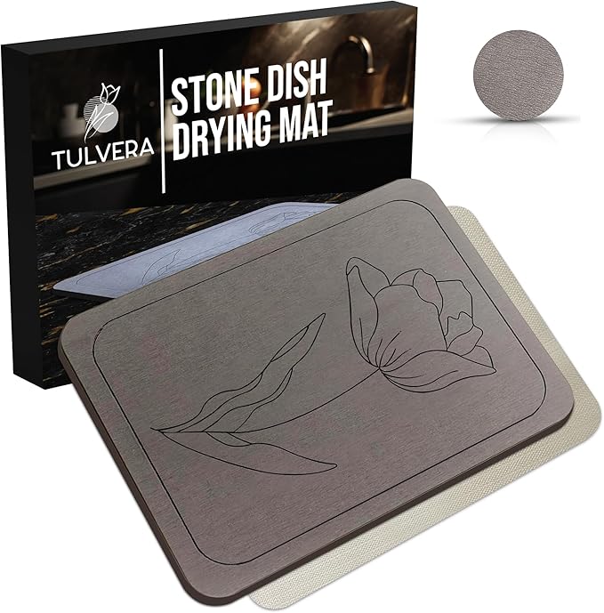 Stone Dish Drying Mat for Kitchen Counter – Diatomaceous Earth Drying Mat | Fast-Absorbing, Minimalist Design, Durable Diatomite | Non-Slip, Heat Resistant, Easy-to-Clean | 16"x12" | USA Brand