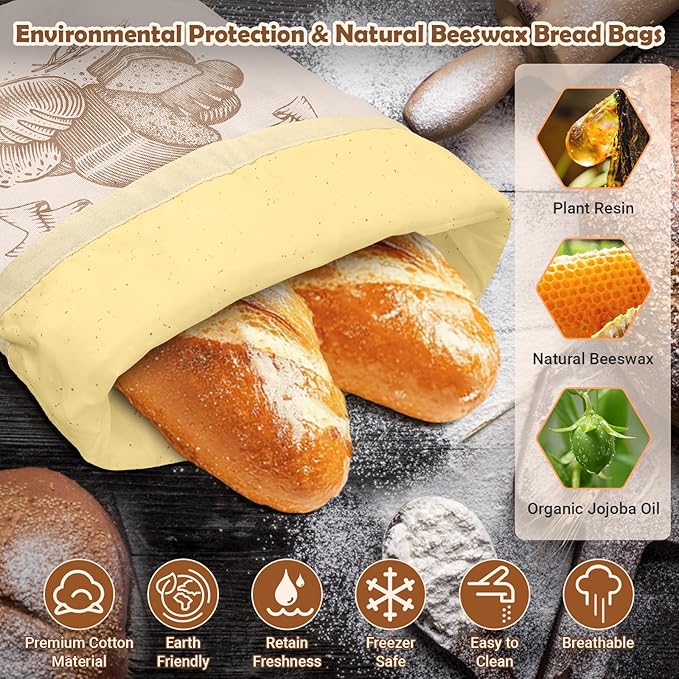 NIKKOUR Cotton Beeswax Bread Bag Reusable Double-Lock Freezer Safe for Homemade Sourdough Bread Food Storage Gifts for Sourdough Bakers (Pattern 2 1PCS)