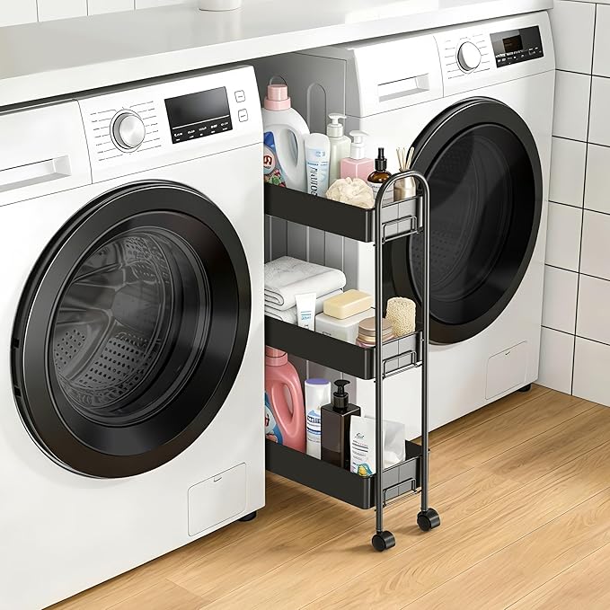 Slim Rolling Cart, Metal Frame Utility Rolling 3-Tier Narrow Storage Cart with Handle Kitchen Storage Organizer, Mobile Shelving Unit for Bathroom Kitchen