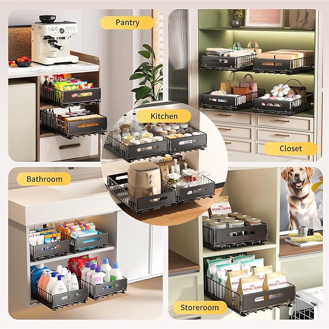 1 Pack Pull Out Cabinet Organizer, Slide Out drawers for cabinets, Heavy Duty Carbon Steel Roll Out Shelves for kitchen, bathroom, under sink, pantry (14.7’’-23.1’’ Slide, Adhesive & Screw)