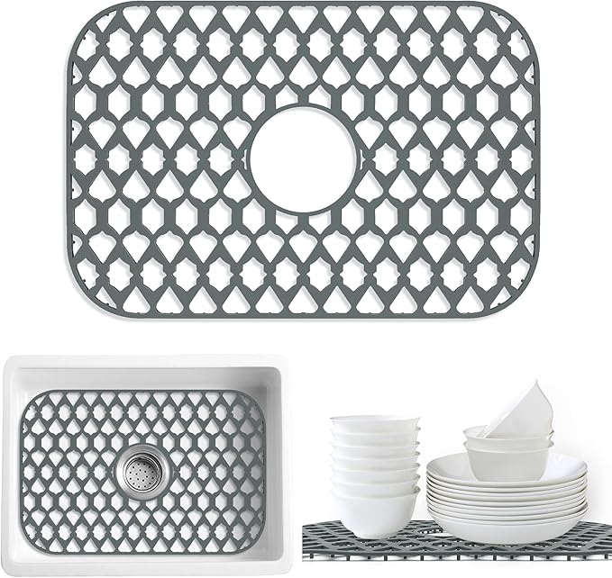 SAMSIER Sink Protectors for Kitchen Sink 13x11 &16x12 &19x14 &22x13 &24x13 &26x14 &28x14 &30x16, Large Silicone Sink Mats Grid for Bottom of Farmhouse Sink (19”x13”, Center Drain)