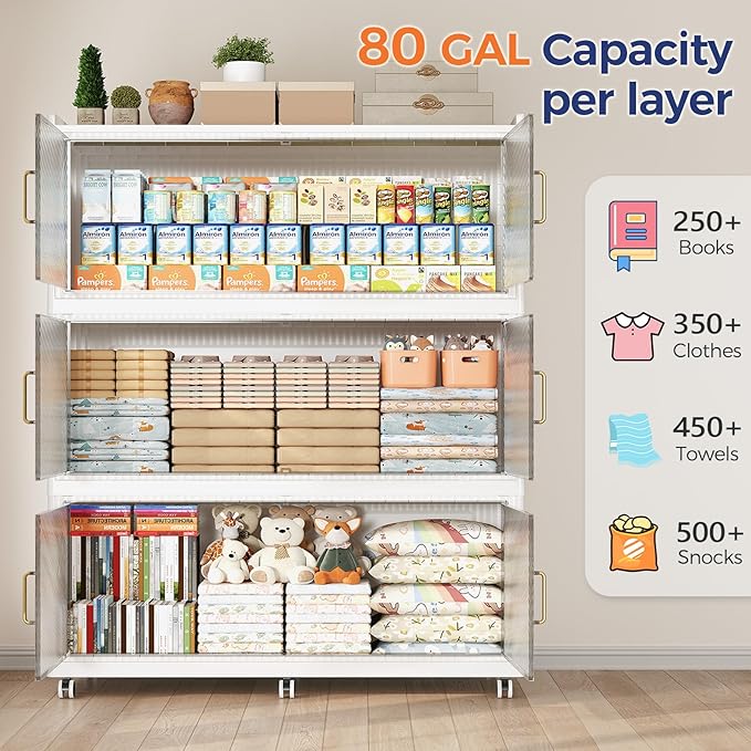 Fangtueh 240 Gallon Extra Large Collapsible Storage Bin with Lid, 960QT Stackable Plastic Organizer with 6x Wheels, Foldable Drawer Cabinet for Closet, Living Room Office, Kitchen 3Pack, White