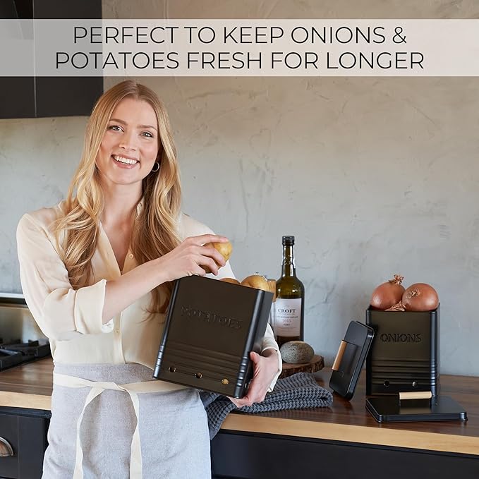 Beautiful Potato and Onion Storage Container Set - Perfectly Sized Spacious Canisters For Your Kitchen Counter Or Pantry - Quality Food Safe Metal Bins Keep Your Produce/Vegetables Fresh Longer