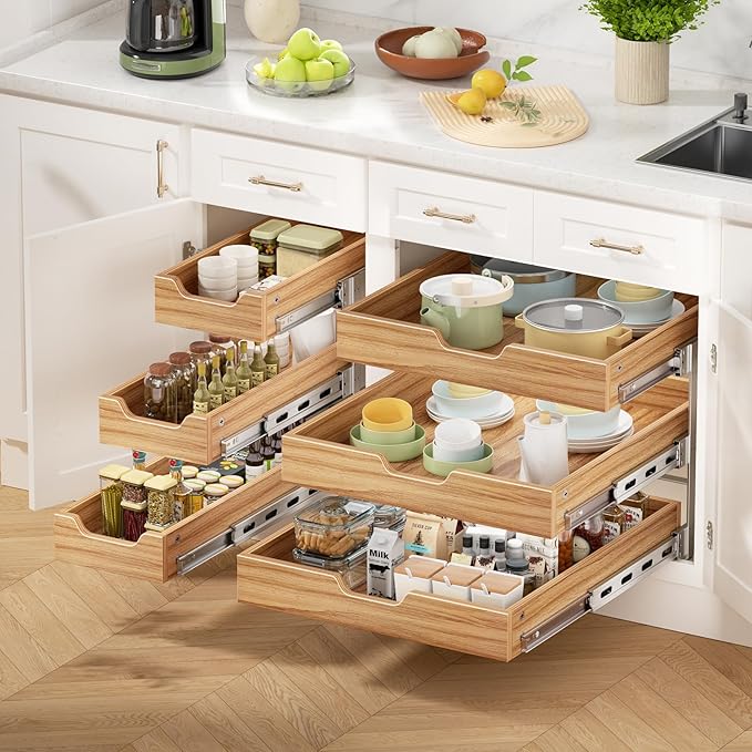 ROOMTEC 3 Tier Pull Out Cabinet Organizer, Heavy-Duty Pull Out Drawer, Slide Out Wood Shelf for Cabinets, Base Cabinet Organization for Pantry, Bathroom (27" Wx21 D)