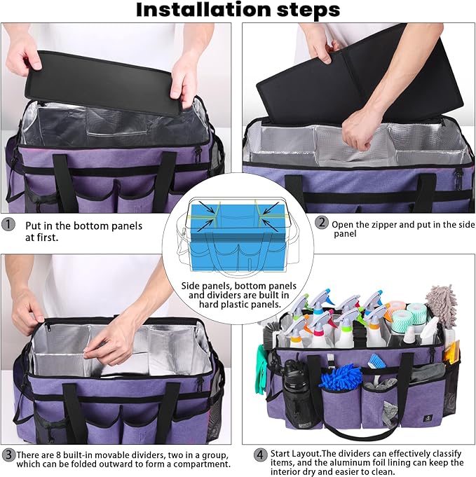 Timoxi Extra large Cleaning Caddy Bag Built-in Sturdy Support Board, Cleaning Organizer with Detachable Divider, Cleaning Supply Tote with Adjustable Shoulder Strap (Purple, 19'' x 11'' x 11'')