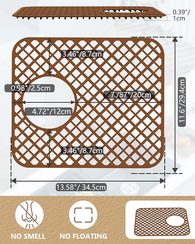 BEHOK 2 Pack Silicone Sink Protectors for Kitchen Sink, Lozenge Pattern 13 x 11 Inches Sink Mat, Non-Slip and Durable Sink Protector Silicone, Rear Drain, Coffee