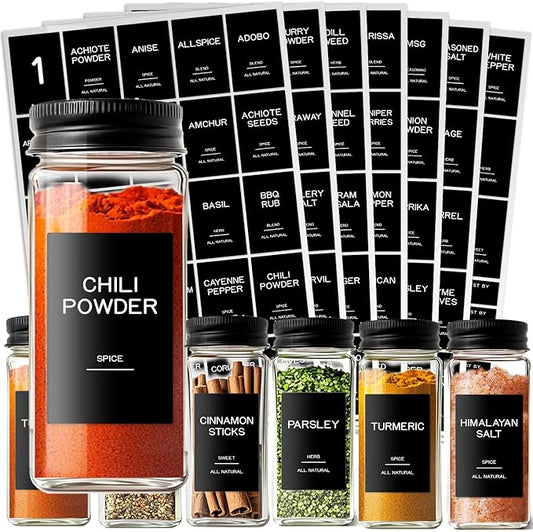 201 Spice Jar Labels - Black Preprinted Minimalist Waterproof Stickers for Kitchen Jars, Herb & Seasoning Labels for Pantry Organization