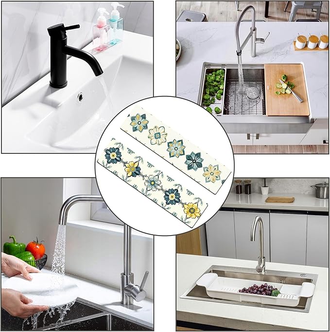 Bimkole 2 PCS Faucet Absorbent Mat, Kitchen Faucet Sink Splash Guard Wraparound Cloth Pads Drip Catcher for Sink Faucet for Kitchen Bathroom Faucet, Colorful Faucet Mat, 15 x 4 Inch Flower A2