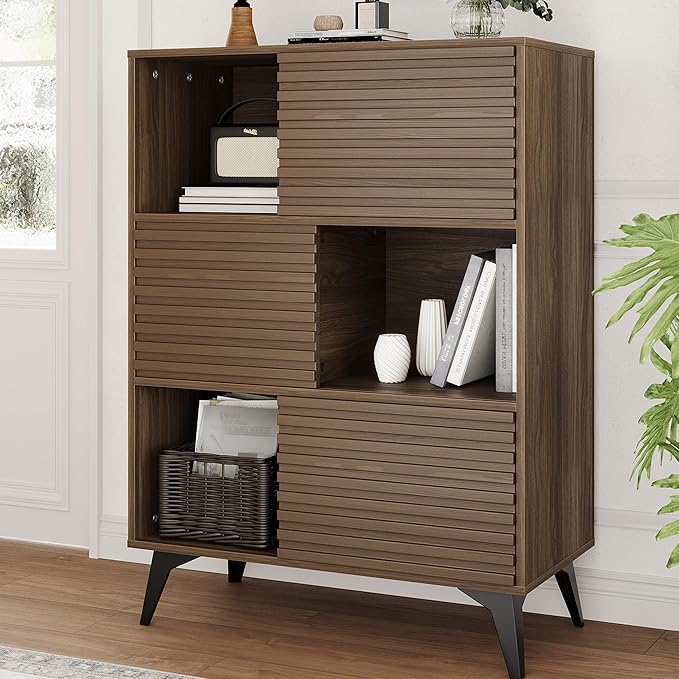 IDEALHOUSE Fluted Cabinet with Sliding Doors, Modern Wooden Storage Cabinet with Metal Base, 31 Inch Sideboard Cabinet with Storage for Dining Room,Living Room, Entryway