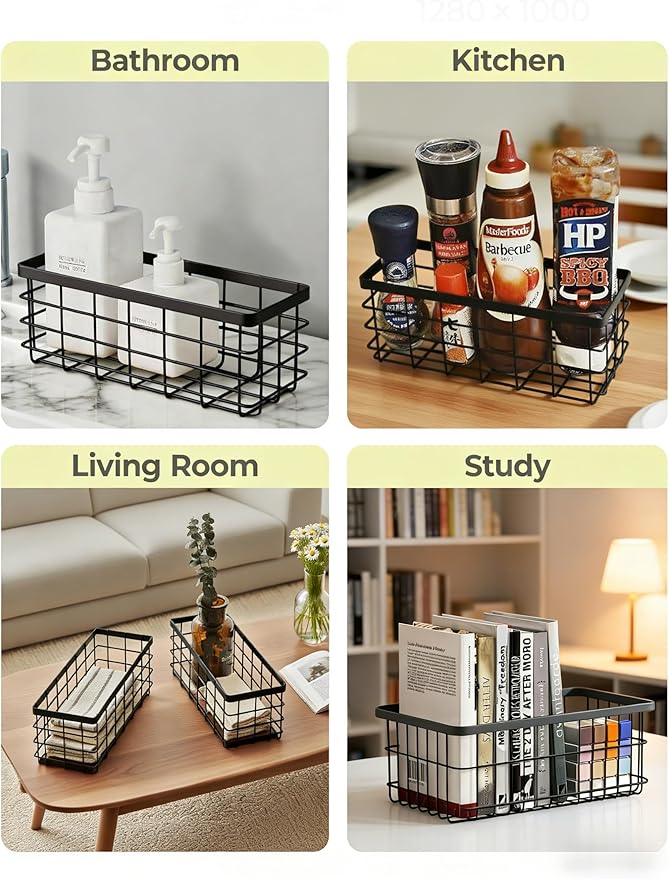 YICKHEWEN Hanging Wire Storage Baskets, Metal Wall Organizer, Adhesive Wall Storage Shelves for Kitchen, Bathroom Pantry (Spice Rack, Cabinet Organizer, Shower Caddy) Black-2 Packs