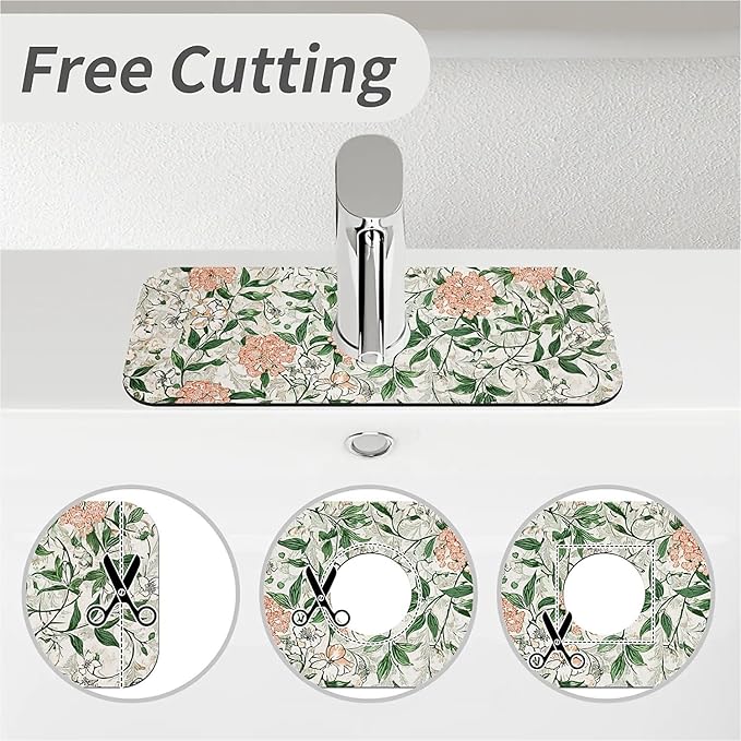 Kitchen Sink Splash Guard，Beautiful vintage flowers Faucet Mat Sink Gadgets-Super Absorbent Fast Drying Mat Drip Catcher for Kitchen, Bathroom,Sink Mat, Dish Drying Mat, Bathroom(15" X 5.5" )