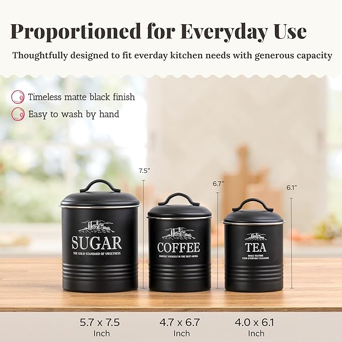 Kitchen Canisters for Countertop – 3-Piece Airtight Kitchen Canister Set – Sugar Coffee Tea Containers for Kitchen Counter – Matte Black Finish