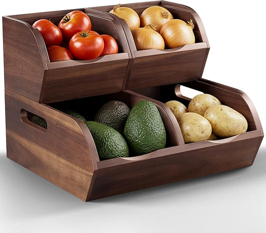 Acacia Wood Pantry Storage Bins - Stackable Open Front Kitchen Baskets with Airflow Vent for Potato, Onion, Fruit, Vegetable, and Bread Storage, Wood Organizer for Pantry and Countertop