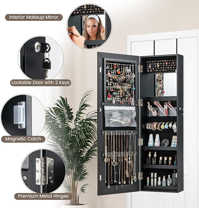 NAFORT LED Mirror Jewelry Armoire, Full Length Mirror with Storage Box, Wall or Door Mounted Organizer Cabinet, Lockable Over the Door Jewelry Storage, Black