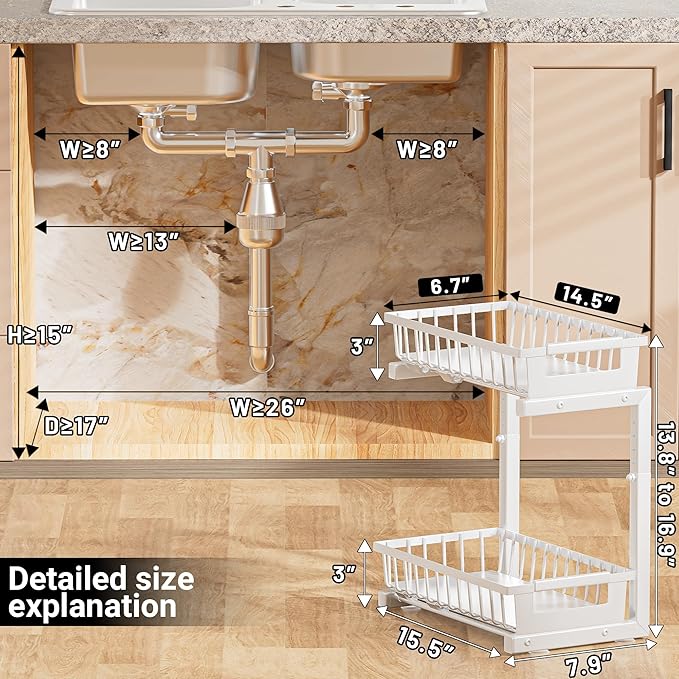 TOFWOF Under Sink Organizer 2 Pack, 2 Tier Adjustable Height Reinforced Carbon Steel Under Kitchen Bathroom Sink Storage Organizer, Smooth Pull-Out Under Sink Cabinet Rack Drawer Organizer, White