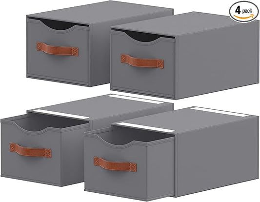 4 Pack Stackable Storage Drawers, Fabric Closet Organizers and Storage with Handles and Clear Window, Pull-Out Clothes Storage Bins with Drawer for Closet, Bedroom, Living Room, Under Bed, Gray