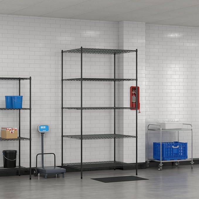 Commercial NSF Listed Black Epoxy Stationary Wire Shelving Kit 36" x 48" x 96", with 5 Shelves Perfect for Warehouse, Walk-in Refrigerator, Freezer, Grocery Store, Restaurant, Dishroom