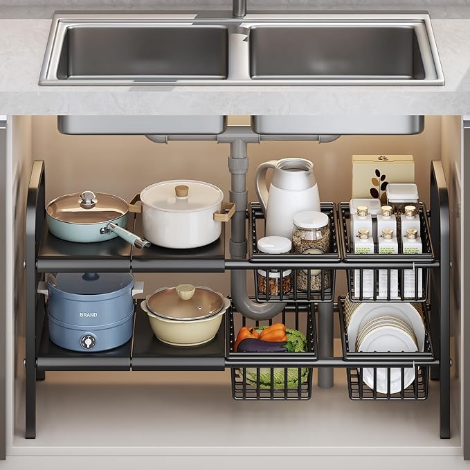 Extendable Under Sink Storage, Kitchen Shelf Organiser, 2-Tier Adjustable Under Sink Bathroom Cabinet Multifunctional Storage Rack for Bathroom Cabinet