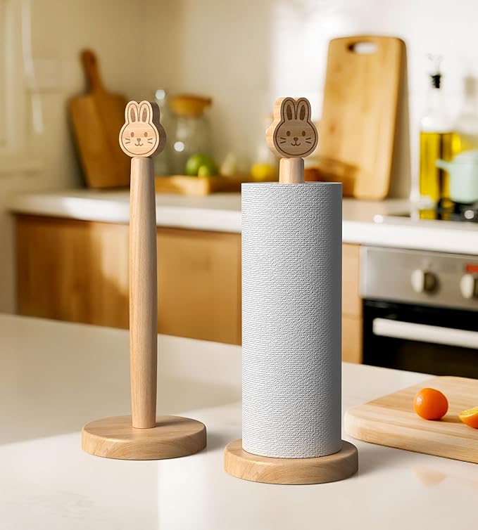 KitchLife Cute Wooden Paper Towel Holder Countertop - Solid Freestanding Paper Towel Dispenser Stand Organizer with Anti-Skid Base (Rabbit)