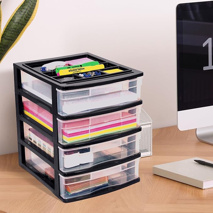 Gracious Living 4 Drawer Desktop & Countertop Organizer w/Organization Lid for Craft Storage, Office Supplies & School Supplies, Black/Clear (3 Pack)