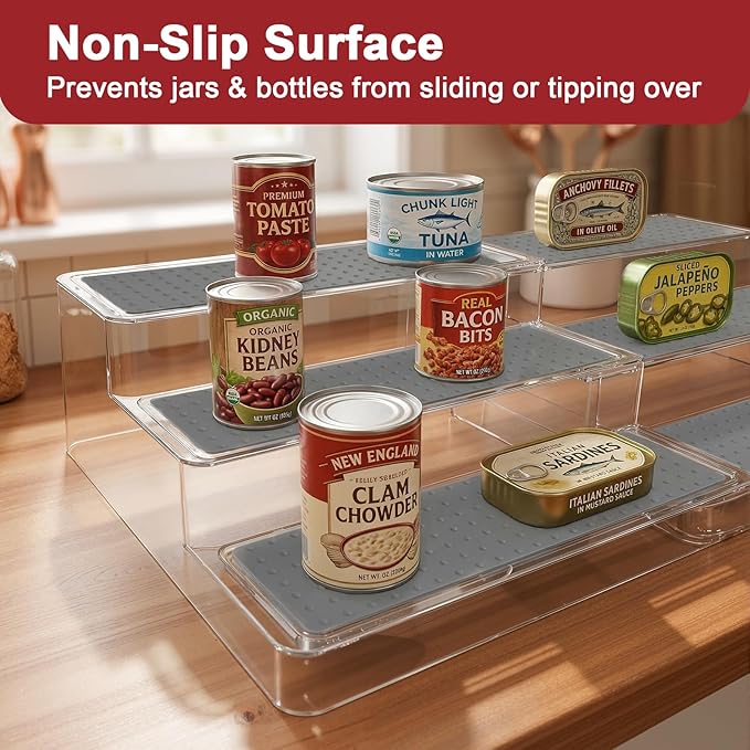 Expandable Can Rack Organizer, 3-Tier Adjustable Length Can Storage Holder, Set of 2 Holds Up to 36 Cans, Stability with Non-Skid Shelf, Canned Goods Storage Display for Pantry, Cabinet, Countertop
