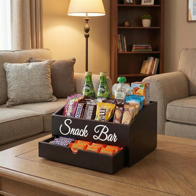 Snack Organizer for Countertop, Wooden Snack Tray and Food Storage Organizer Bins for Kitchen, Office, Large 6-Compartment Snack Bar Organizer with Drawer, Snack Containers for Chips and Candy