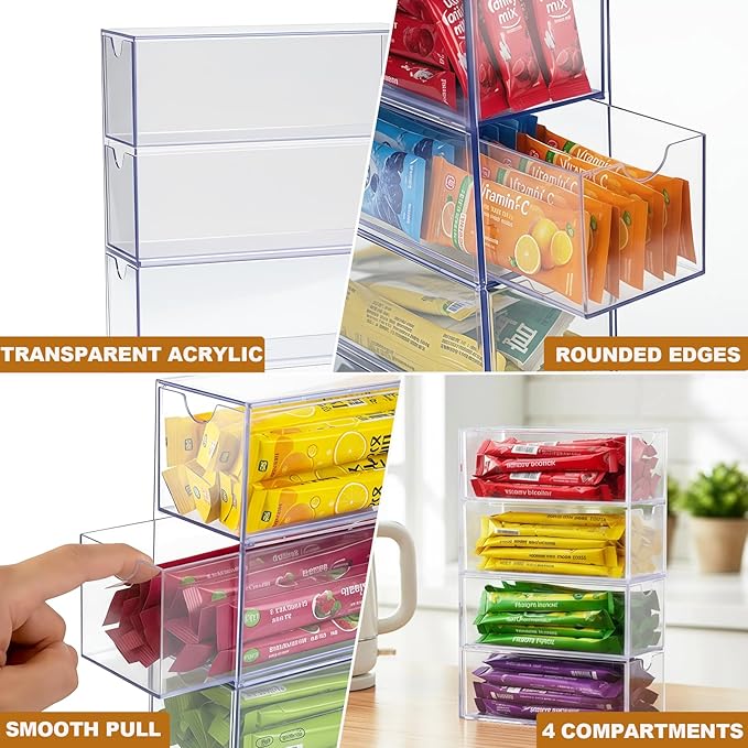 Drink Packet Organizer, Water Packet Holder with 4 Clear Drawers, Clear Acrylic Drink Mix Holder, Kitchen Storage Organizers for Kitchen Bins Cabinets Organizer
