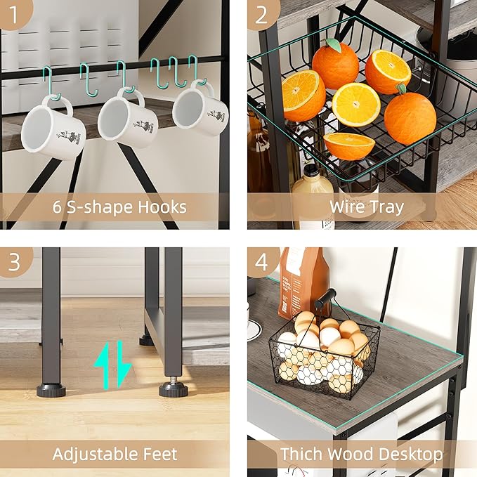 JAMFLY Bakers Rack with Power Outlet, Microwave Stand, kitchen Storage Shelf with 6 Hooks, Coffee Bar Station with Wire Basket, 6 Tier Kitchen Rack for Living Room, Spice, Pots and Pans Organizer