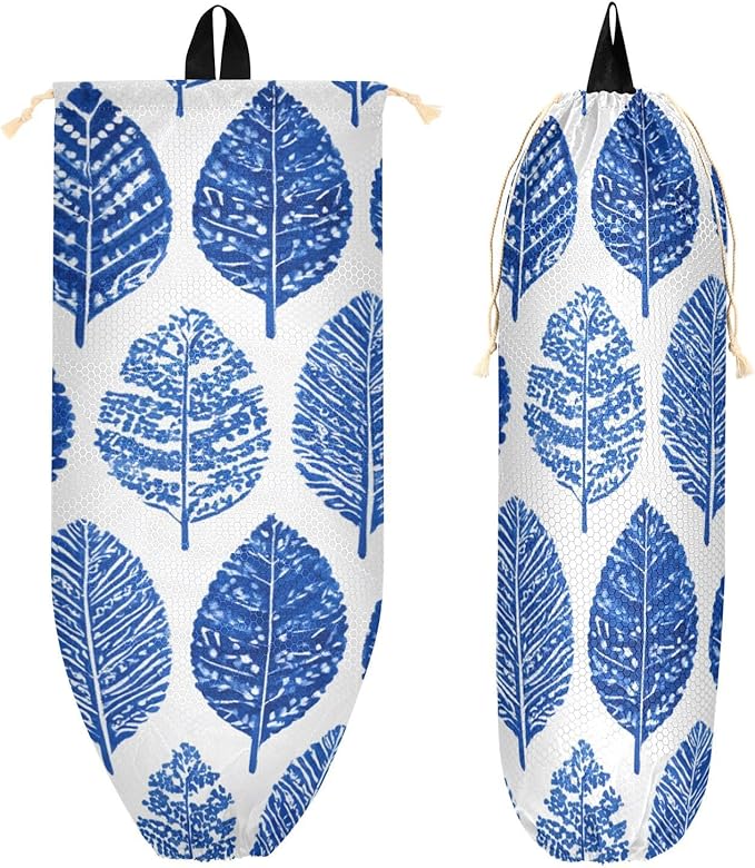 Plastic Bag Holder Wall Mount Grocery Bag Shopping Bag Storage Holder Organizer Dispenser with Adhesive Hook,for Kitchen Bathroom Home Decor 9x22 Inches Watercolor Blue Boho Leaf09