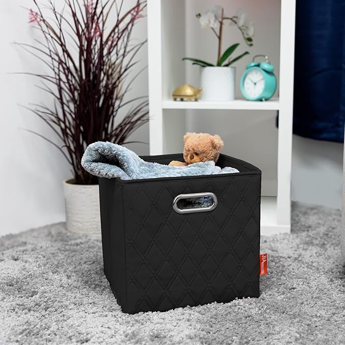 FH Group JIAessentials 13" Faux Leather Foldable Storage Cube Bins Set of 2 – Black Diamond Patterned Organizers with Handles for Closet & Shelves