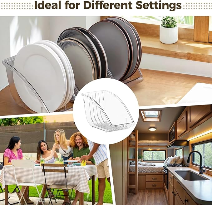 4 Pcs Paper Plate Holders, 9.8" Transparent Dish Racks, Vertical Plate Dispensers with 5 Slots, Compact Clear Bowl Organizers, Kitchen Cabinet Countertop Storage Shelves