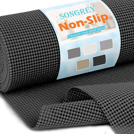 Songrey Non-Adhesive Drawer and Shelf Liner, Non Slip Cabinet Liners, Protect Kitchen Cupboard, Bathroom Drawers, Breathable, Thick Strong Grip mat (12IN x 10FT, Black)