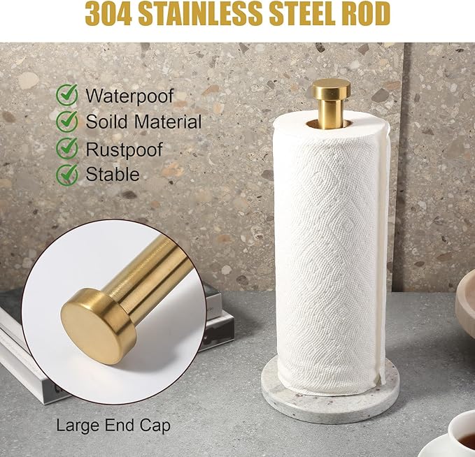 Koville Paper Towel Holder Countertop, Standing Paper Roll Holder with 6" Weighted Marble Base, Stone Paper Towel Holder with Gold Stainless Steel Rod for Kitchen Bathroom (River White)