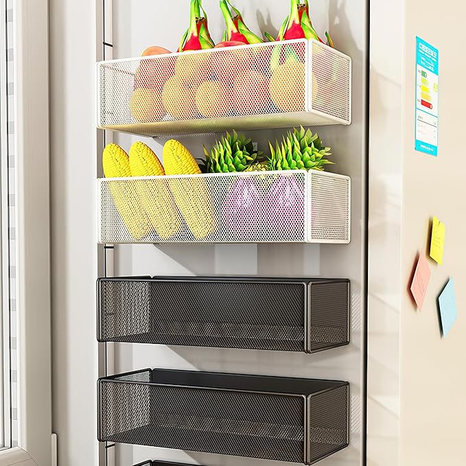 LIFEFAN Magnetic Basket Organizer Holder for Fridge Magnetic Storage Bin Box Containers for Refrigerator Whiteboard Classroom (Large, White)
